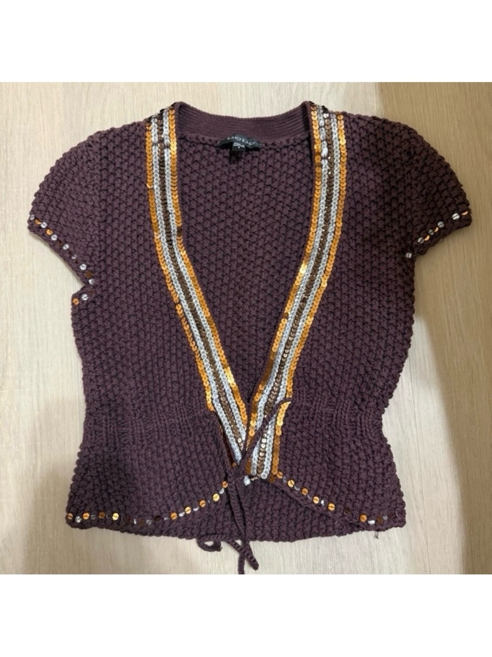 Y2K Bebe Brown Sequin Trim Knit Tie Front Cardigan Vintage 2000s Streetwear